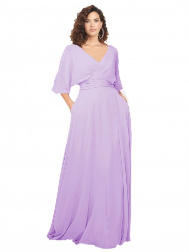 Long Lilac Half Sleeves A-Line Low Back Bridesmaid Dress Birmingham