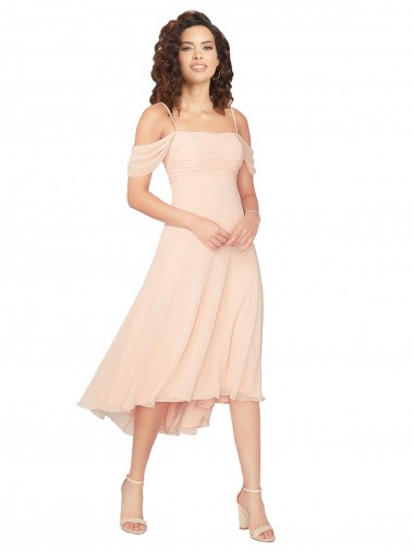 Midi Length Ice Pink Cold Shoulder A-Line Low Back High Low Bridesmaid Dress Birmingham
