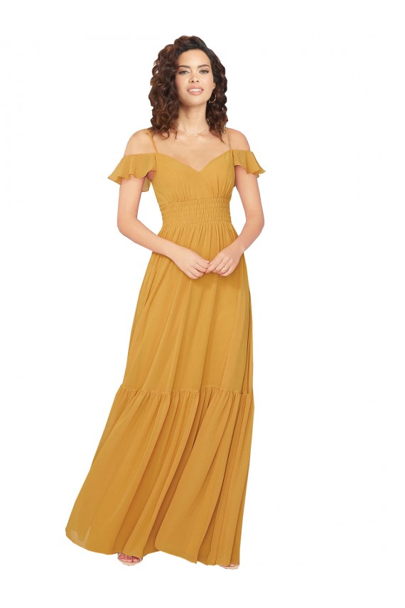 Long Saffron Cold Shoulder A-Line Keyhole Back Bridesmaid Dress Birmingham