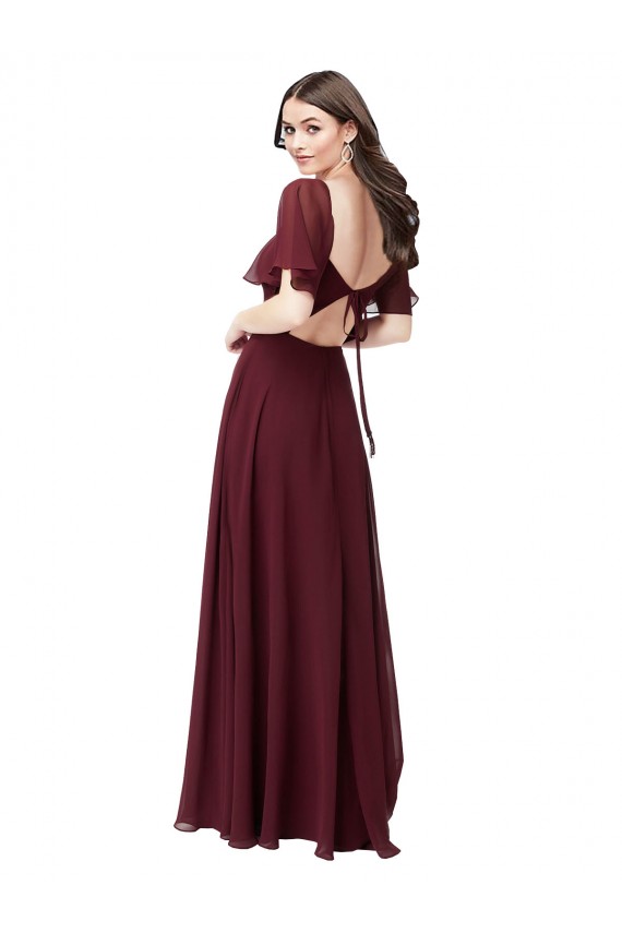 Long Burgundy Gold Short Flutter Sleeves A-Line Keyhole Back Formal Dress / Bridesmaid Dress Birmingham