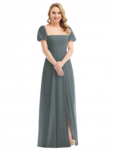Long Slate Grey Puff Sleeves A-Line Semi Formal Evening Dress / Bridesmaid Dress Birmingham