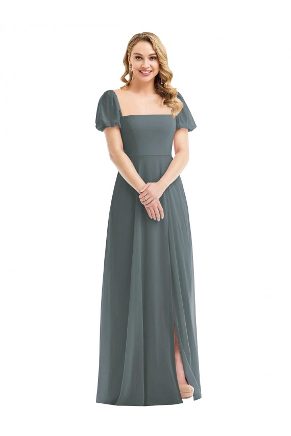 Long Slate Grey Puff Sleeves A-Line Semi Formal Evening Dress / Bridesmaid Dress Birmingham