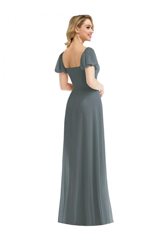 Long Slate Grey Puff Sleeves A-Line Semi Formal Evening Dress / Bridesmaid Dress Birmingham