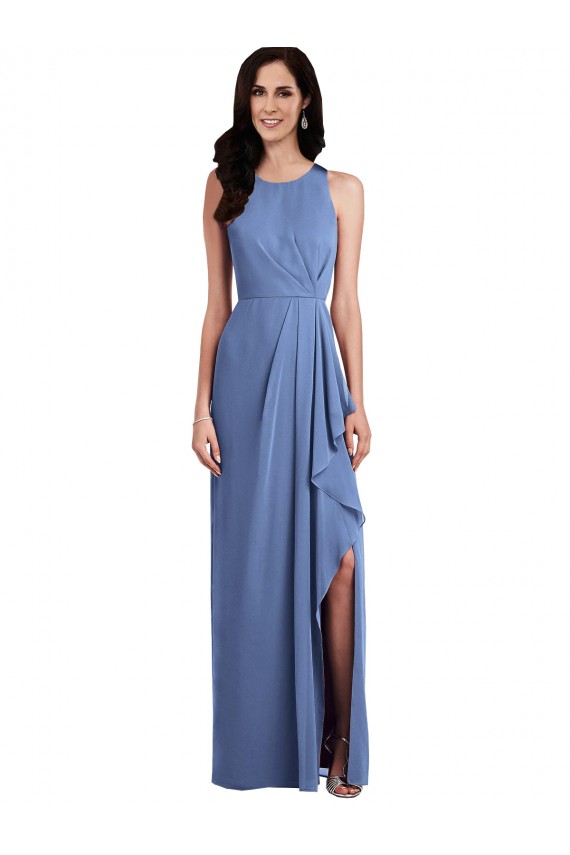 Long Windsor Blue Sleeveless A-Line Keyhole Back Draped Front Slit Bridesmaid Dress Birmingham