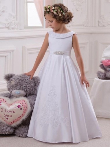 Long Ivory Sleeveless Ball Gown Satin & Lace Flower Girl Dresses Birmingham