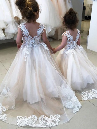 Chapel Train Ivory Sleeveless Ball Gown V-Back Little Flower Girl Dress Birmingham