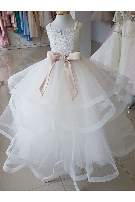 Long Ivory Sleeveless Ball Gown Tulle & Lace Flower Girl Wedding Dress Birmingham