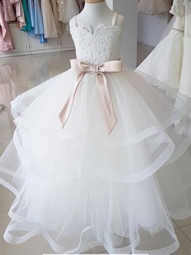 Long Ivory Sleeveless Ball Gown Tulle & Lace Flower Girl Wedding Dress Birmingham