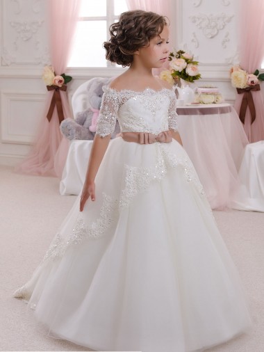 Long Ivory Short Sleeves Ball Gown Keyhole Back Tulle & Lace Flower Girl Dresses Birmingham
