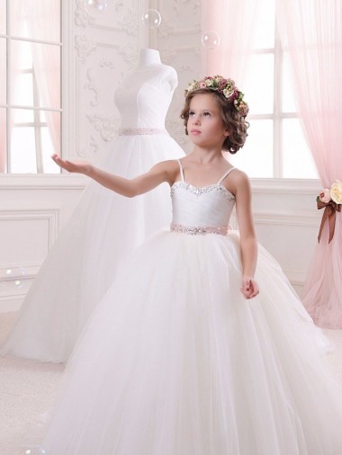 Chapel Train Ivory Sleeveless Ball Gown Tulle Flower Girl Dress Birmingham