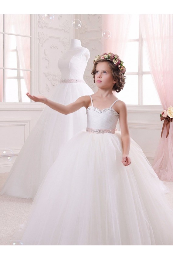 Chapel Train Ivory Sleeveless Ball Gown Tulle Flower Girl Dress Birmingham