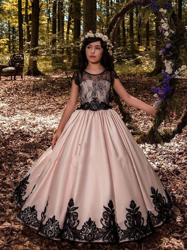 Long Ivory Sleeveless Ball Gown Satin & Lace Flower Girl Dress for Wedding Birmingham