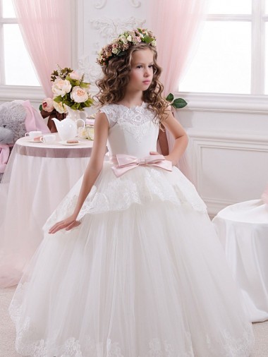 Chapel Train Ivory Sleeveless Ball Gown V-Back Tulle & Lace Flower Girl Dress Birmingham