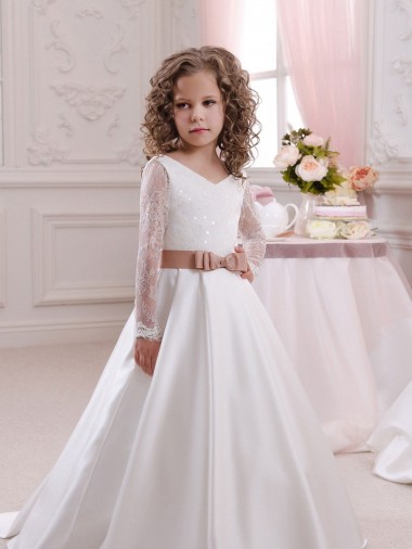 Chapel Train Ivory Long Sleeves Ball Gown Flower Girl Dress Birmingham
