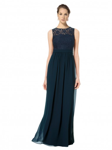 Long Dark Navy Sleeveless A-Line Keyhole Back Chiffon & Lace Bridesmaid Dress Birmingham