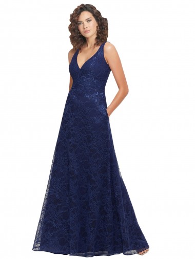 Long Dark Navy Sleeveless A-Line Low Back Lace Bridesmaid Dress Birmingham