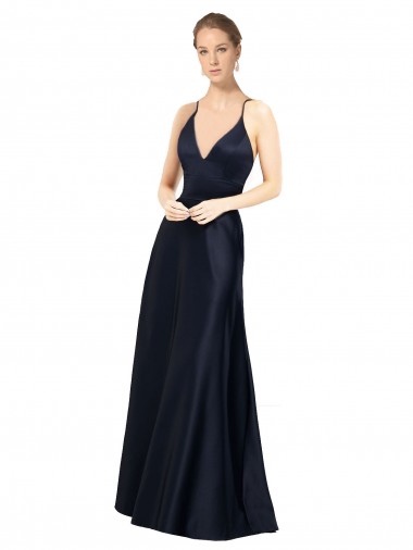 Long Dark Navy Sleeveless A-Line Satin Prom Dress / Bridal Party Dress Birmingham