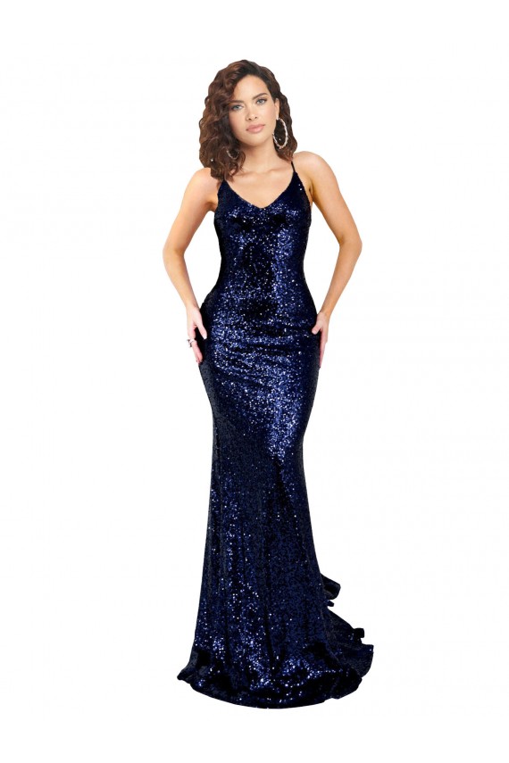 Long Dark Navy Sleeveless Mermaid Open Back Sequin Formal Evening Gown / Prom Dress / Bridesmaid Dress Birmingham