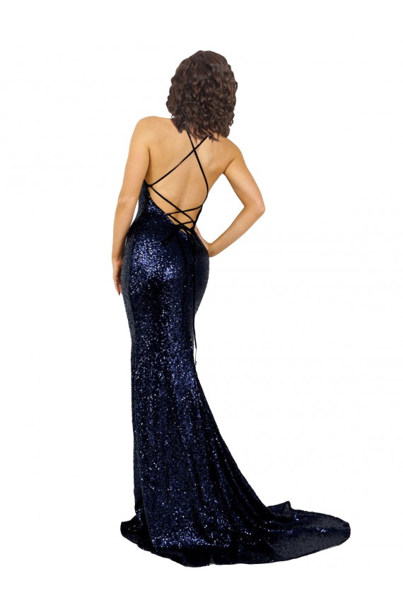 Long Dark Navy Sleeveless Mermaid Open Back Sequin Formal Evening Gown / Prom Dress / Bridesmaid Dress Birmingham