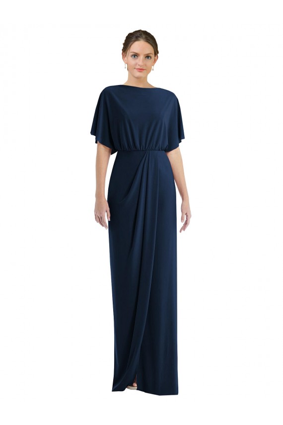 Long Dark Navy Short Sleeves Sheath Open Back Semi Formal Evening Dress / Prom Dress / Bridesmaid Dress Birmingham