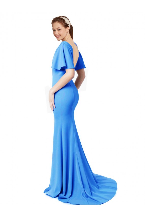 Sweep Train Peacock Blue Short Sleeves Mermaid, Sheath V-Back Prom Dress / Bridesmaid Dress Birmingham