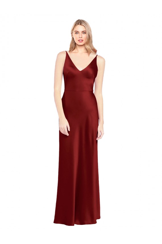 Long Burgundy Sleeveless A-Line V-Back Stretch Satin Formal Evening Gown / Prom Dress / Bridesmaid Dress Birmingham