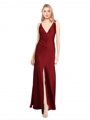 Long Burgundy Sleeveless A-Line V-Back Front Slit Black Tie Evening Gown / Prom Dress / Bridesmaid Dress Birmingham