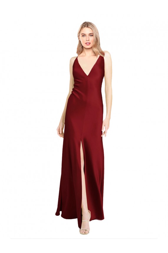 Long Burgundy Sleeveless A-Line V-Back Front Slit Black Tie Evening Gown / Prom Dress / Bridesmaid Dress Birmingham