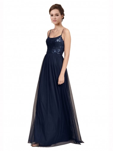 Long Dark Navy Sleeveless A-Line Tulle & Lace Bridesmaid Dress Birmingham