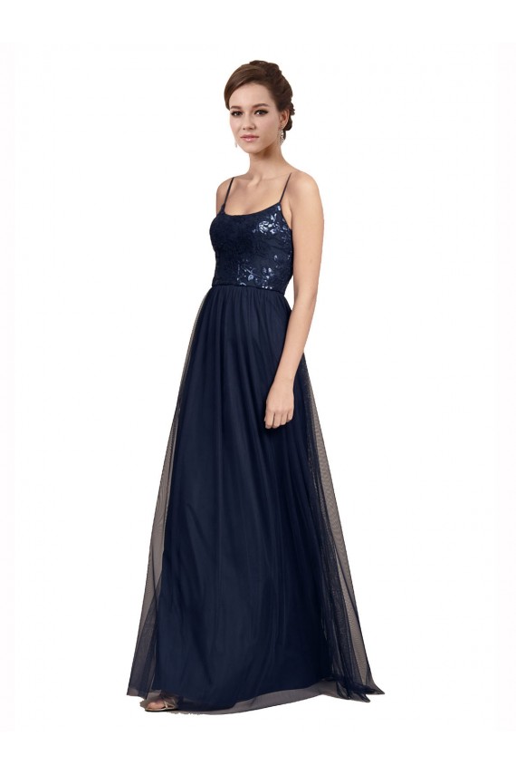 Long Dark Navy Sleeveless A-Line Tulle & Lace Bridesmaid Dress Birmingham