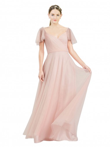 Long Pink Flutter Sleeves A-Line Formal Dress / Bridesmaid Dress Birmingham