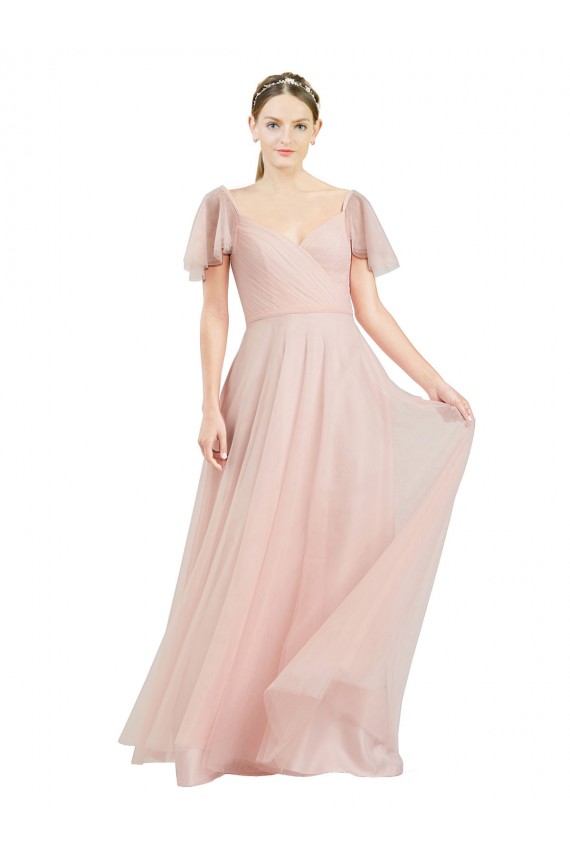 Long Pink Flutter Sleeves A-Line Formal Dress / Bridesmaid Dress Birmingham