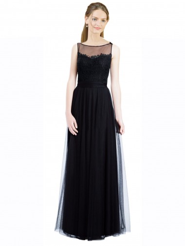Long Black Sleeveless A-Line Low Back Tulle & Lace Bridesmaid Dress Birmingham