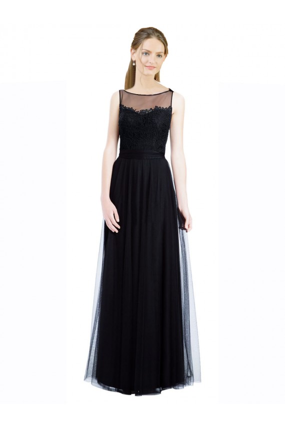 Long Black Sleeveless A-Line Low Back Tulle & Lace Bridesmaid Dress Birmingham