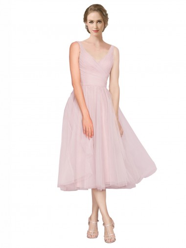Tea Length Pink Sleeveless A-Line V-Back Bridesmaid Dress Birmingham