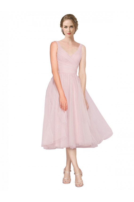 Tea Length Pink Sleeveless A-Line V-Back Bridesmaid Dress Birmingham