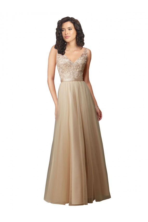 Long Champagne Sleeveless A-Line V-Back Bridesmaid Dress Birmingham