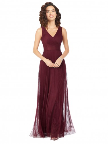 Long Burgundy Gold Sleeveless A-Line Tulle Bridesmaid Dress Birmingham
