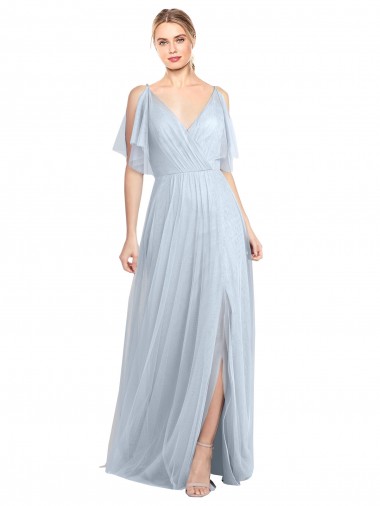 Long Light Sky Blue Flutter Sleeves A-Line V-Back Side Slit Bridesmaid Dress / Evening Dress Birmingham