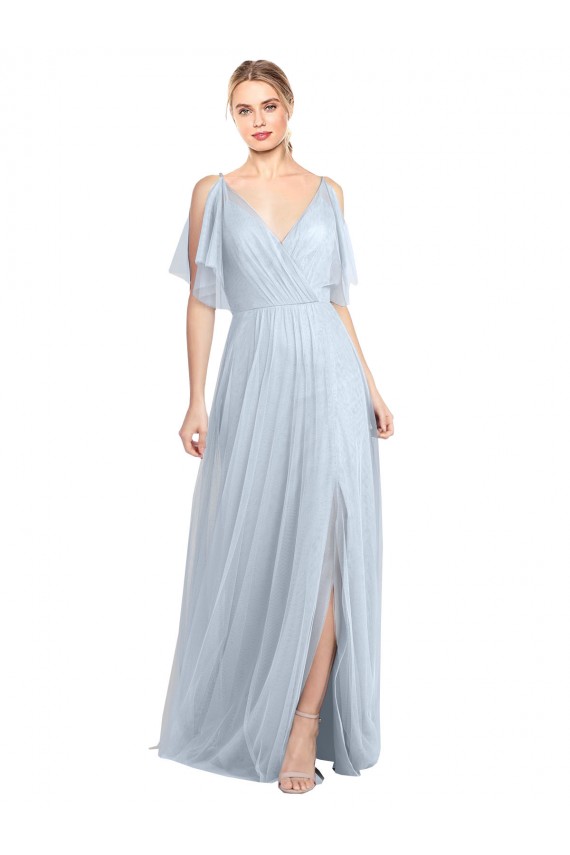 Long Light Sky Blue Flutter Sleeves A-Line V-Back Side Slit Bridesmaid Dress / Evening Dress Birmingham
