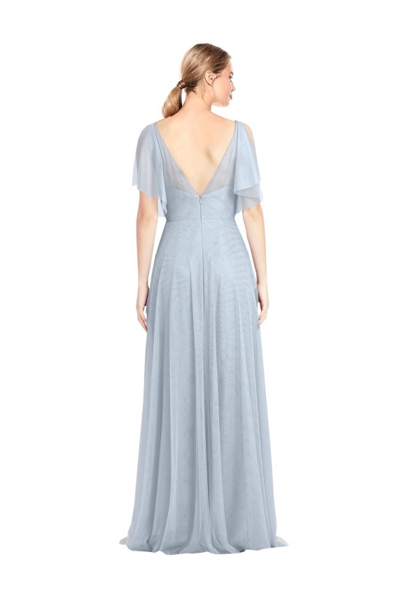 Long Light Sky Blue Flutter Sleeves A-Line V-Back Side Slit Bridesmaid Dress / Evening Dress Birmingham