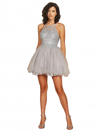 Short Silver Sleeveless A-Line Open Back Bridesmaid Dress Birmingham