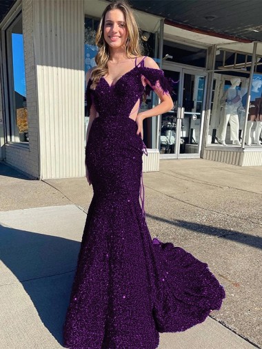 Court Train Plum Purple Sleeveless Sheath Velvet Sequin Prom Dress / Evening Dress Birmingham
