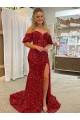 Court Train Red Short Sleeves Sheath Velvet Sequin Prom Dress / Evening Dress Birmingham