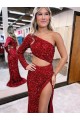 Sweep Train Burgundy Long Sleeves Mermaid Velvet Sequin Evening Dress Birmingham
