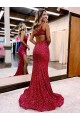 Sweep Train Burgundy Sleeveless Mermaid Velvet Sequin Prom Dress / Evening Dress Birmingham