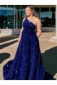 Sweep Train Royal Blue Sleeveless A-Line Velvet Sequin Prom Dress / Evening Dress Birmingham