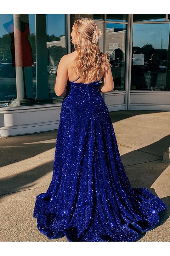 Sweep Train Royal Blue Sleeveless A-Line Velvet Sequin Prom Dress / Evening Dress Birmingham