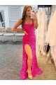 Sweep Train Fuchsia Sleeveless Sheath Velvet Sequin Prom Dress / Evening Gown Birmingham
