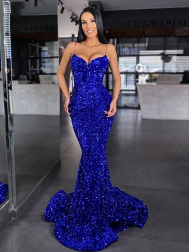 Sweep Train Royal Blue Mermaid Velvet Sequin Prom Dress / Evening Dress Birmingham